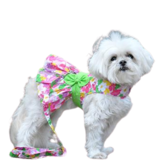 Pink Hawaiian Floral Dog Harness Dress with Matching Leash