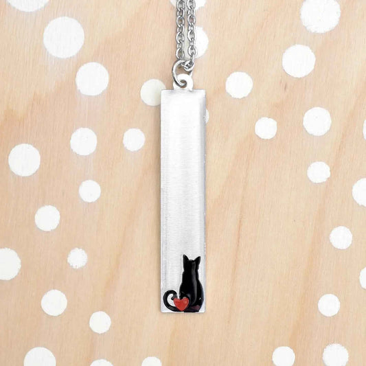 Black Cat Heart Bar Necklace - Unique Cat Lover Jewelry