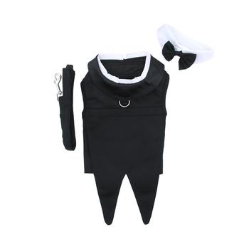 A black dog harness tuxedo with a bow tie and a removable collar.