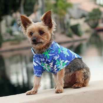 Hawaiian Camp Shirt Ocean Blue with Palms Design