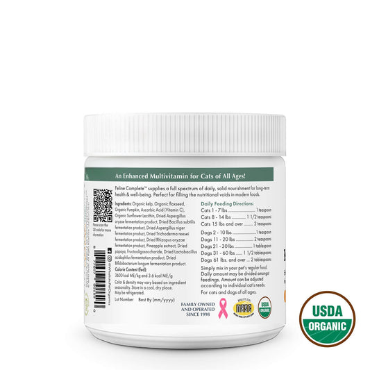 Multivitamin container for cats with label and USDA Organic logo on a white background