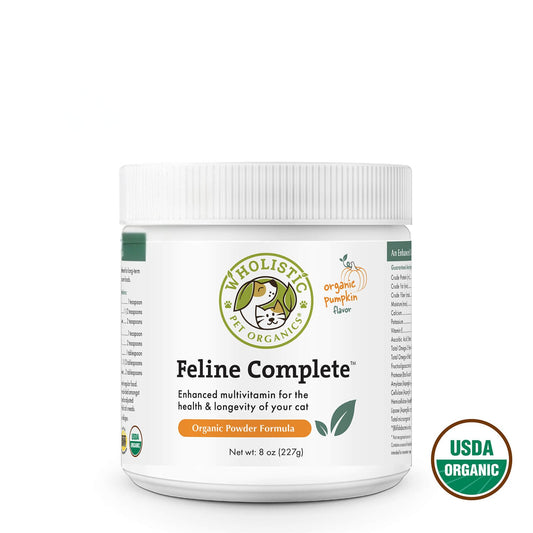 Wholesome Organic Feline Complete cat supplement jar on a white background