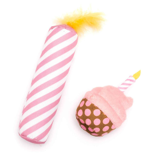 Birthday Cupcake & Candle Cat Toy Set in Pink or Blue