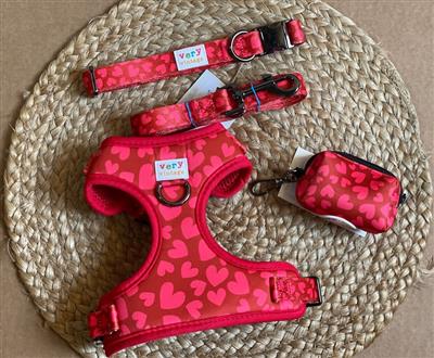 Love Is In The Air BUNDLE - Collar, Leash, Harness & Poop Bag Red Hearts