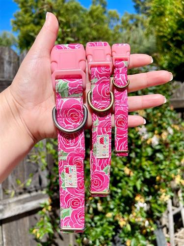 Byrdie– Hot Pink Cabbage Rose Floral Dog Collar | Flower Dog Collar | Summer | Spring | Handmade Organic Cotton Collars & Leashes