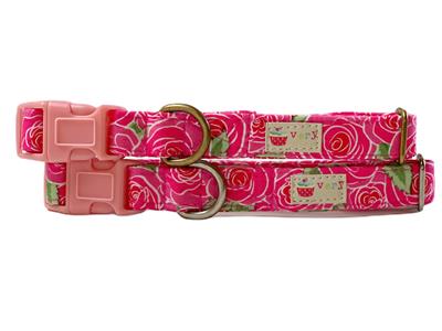 Byrdie– Hot Pink Cabbage Rose Floral Dog Collar | Flower Dog Collar | Summer | Spring | Handmade Organic Cotton Collars & Leashes