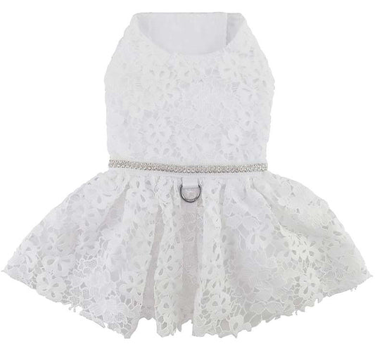 White Lace Wedding Dog Dress w/ Leash & D-Ring