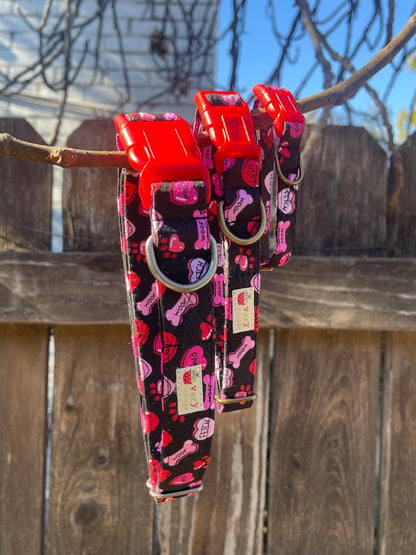 Puppy Love – Black with Pink Red Hearts Dog Collar | Valentine's Day Dog Collar | Handmade Organic Cotton Collars & Leashes