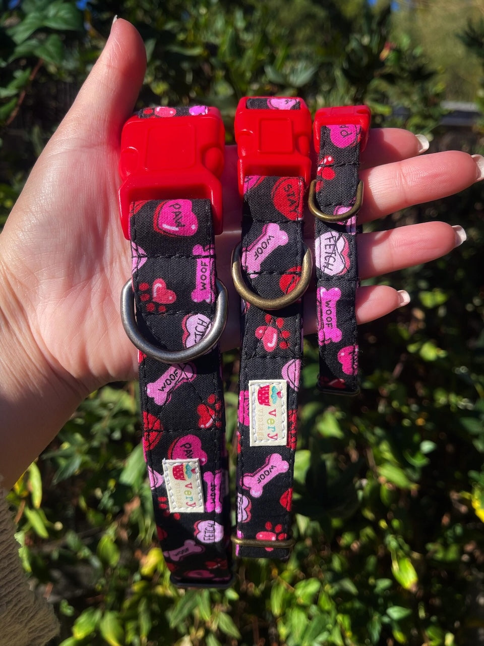 Puppy Love – Black with Pink Red Hearts Dog Collar | Valentine's Day Dog Collar | Handmade Organic Cotton Collars & Leashes