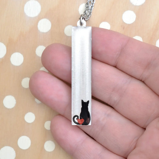 Black Cat with Heart Bar Necklace