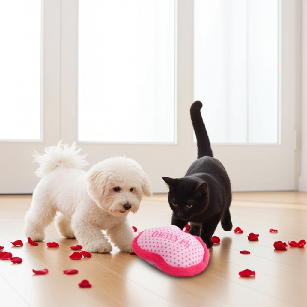 White dog and black cat playing with a pink toy on a wooden floor.