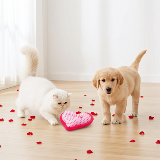 White cat and golden retriever puppy with a pink heart-shaped toy on a wooden floor.