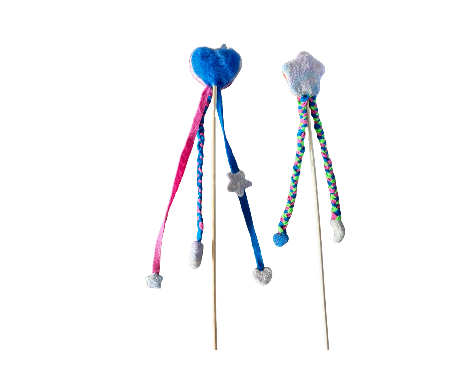 Two colorful cat toys on sticks with star-shaped and heart-shaped ends on a white background