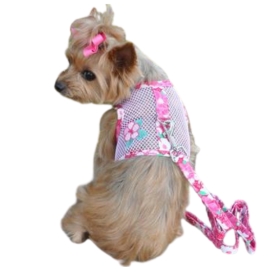 Cool Mesh Dog Harness with Leash - Hawaiian Hibiscus Pink