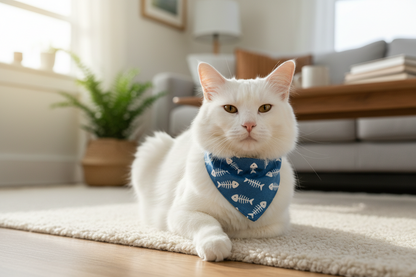Adorable Blue Cat Bandana with White Fish Bones
