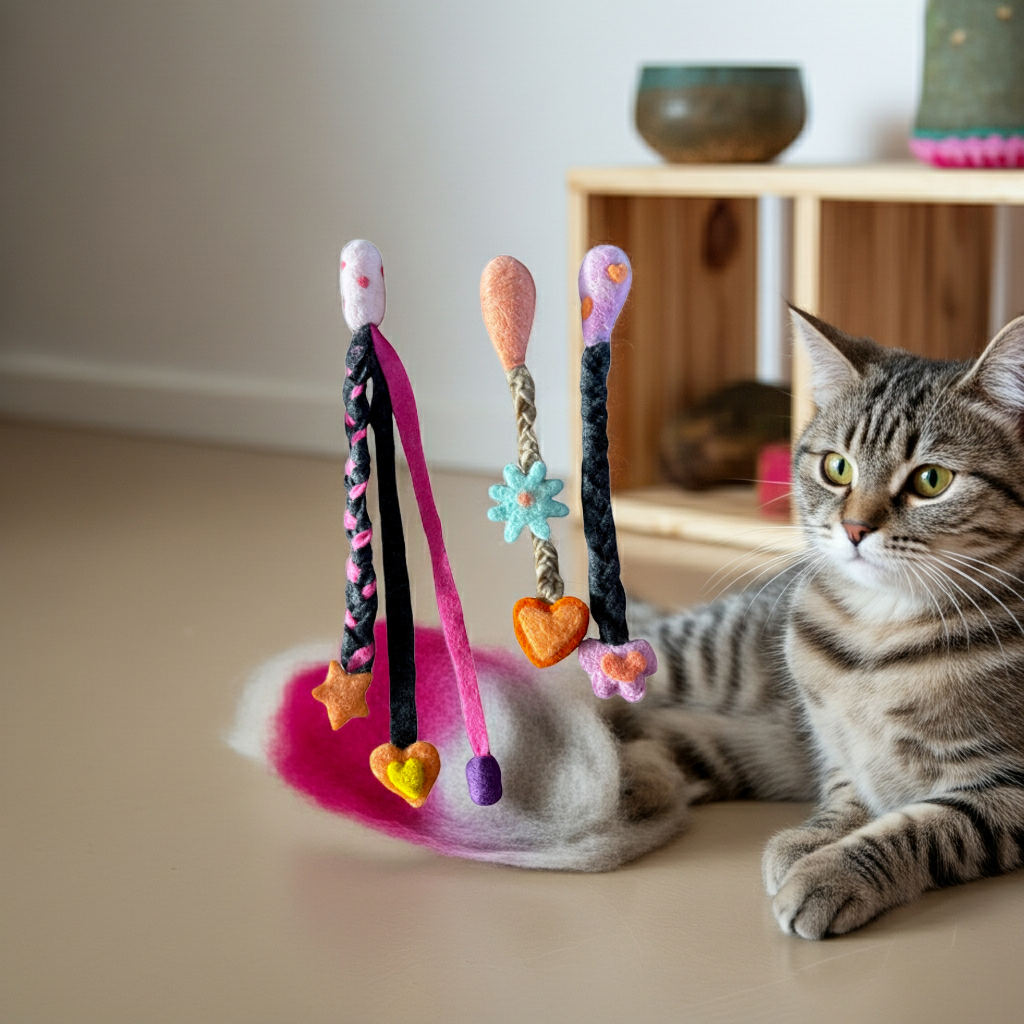 Cat playing with a colorful cat toy on a wooden floor.