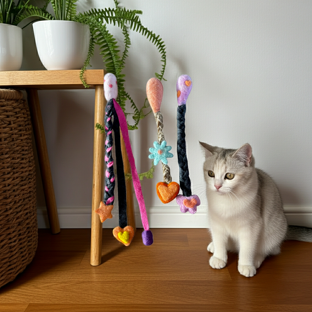 Cat sitting next to a stand with colorful cat toys indoors.