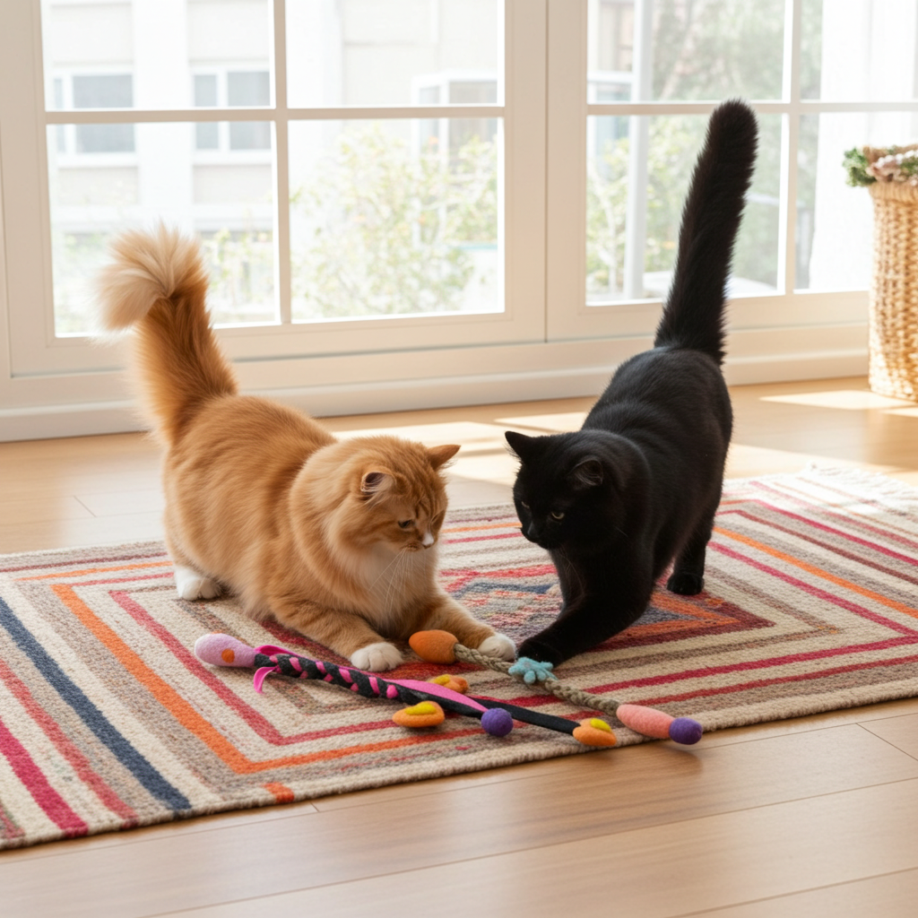 Two cats playing with toys on a striped rug in a bright room.
