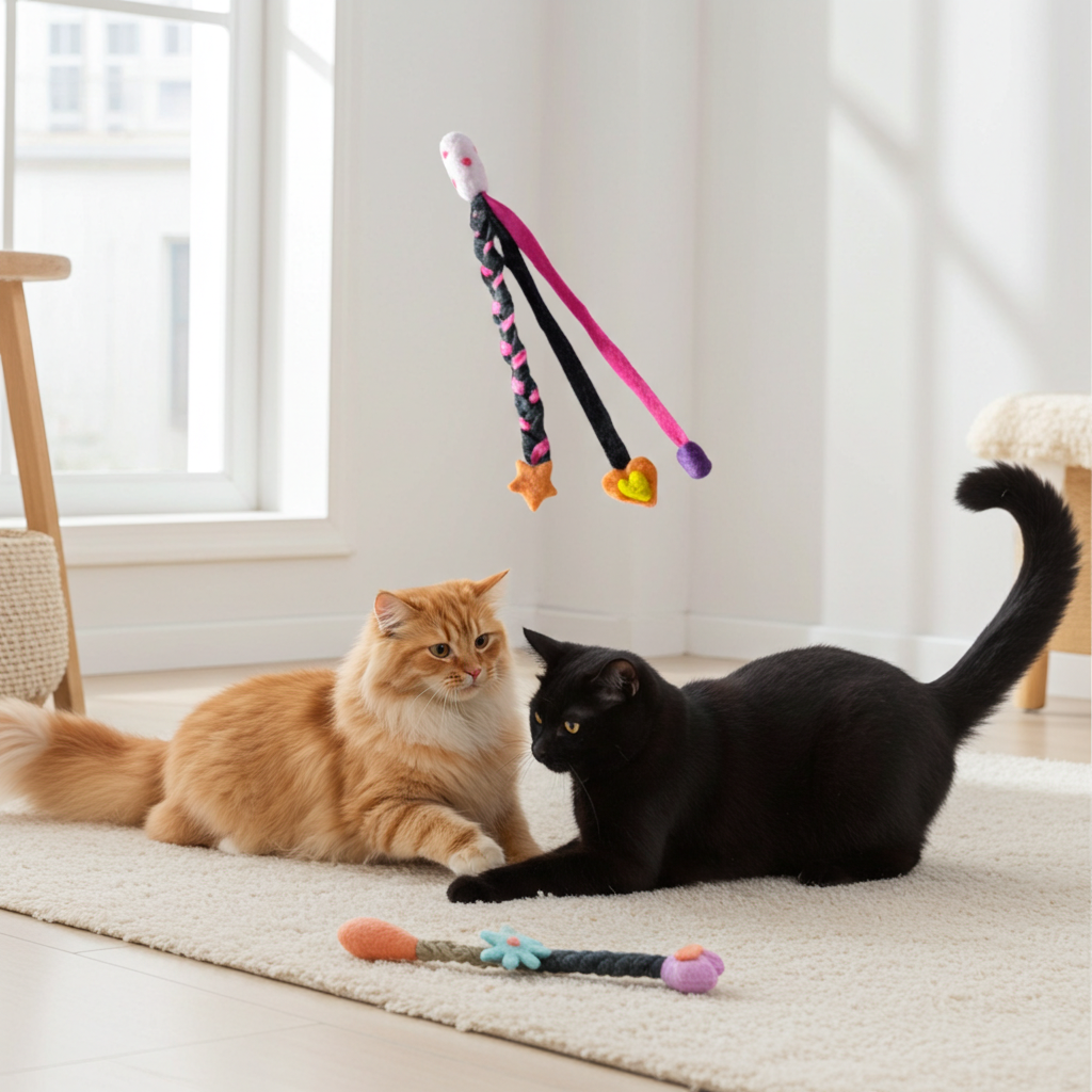 Two cats playing with a colorful cat toy on a carpeted floor and one flying in the air.
