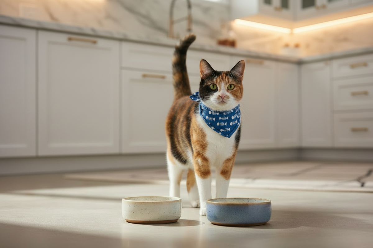 Adorable Blue Cat Bandana with White Fish Bones