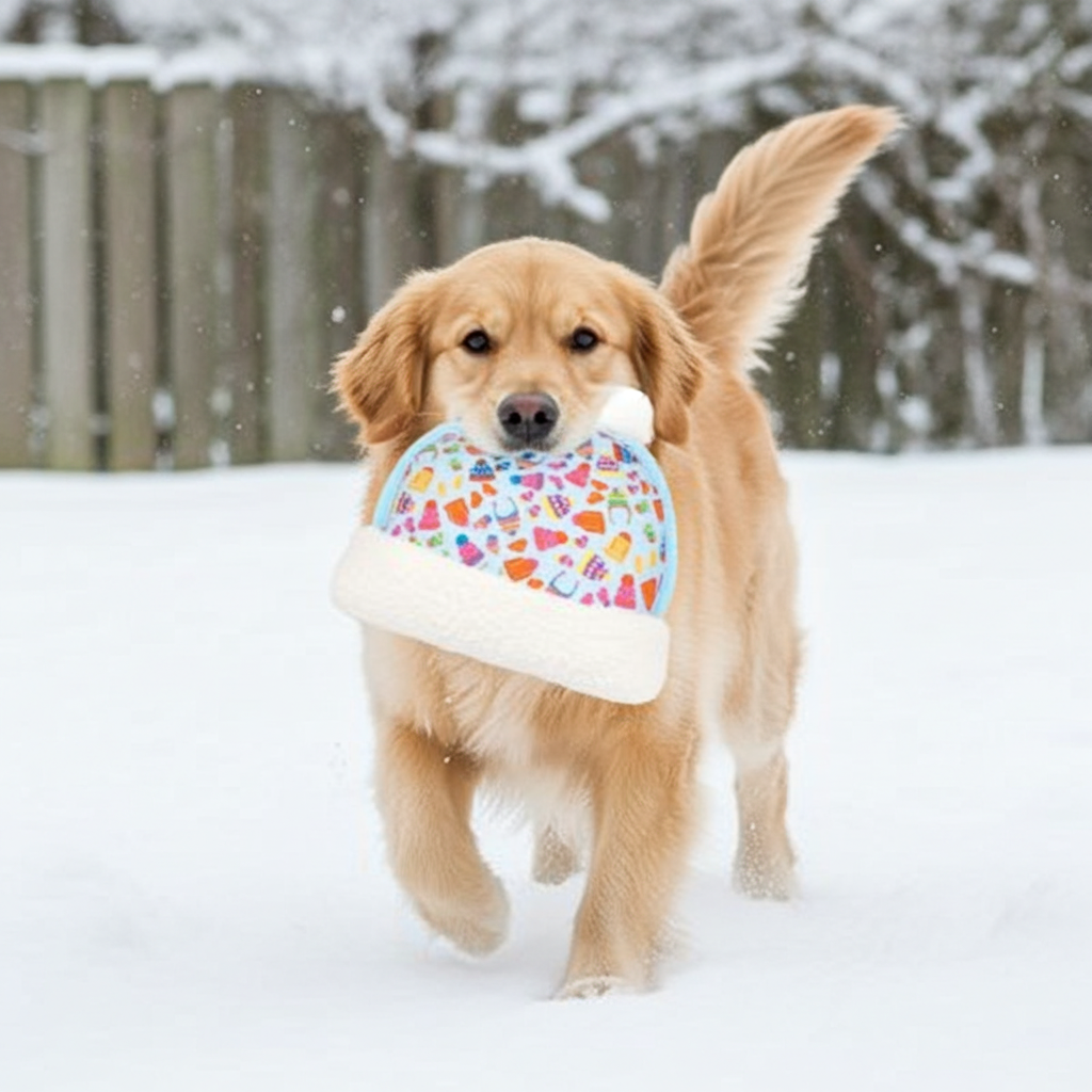 Dog running in the snow with a colorful toy in its mouth